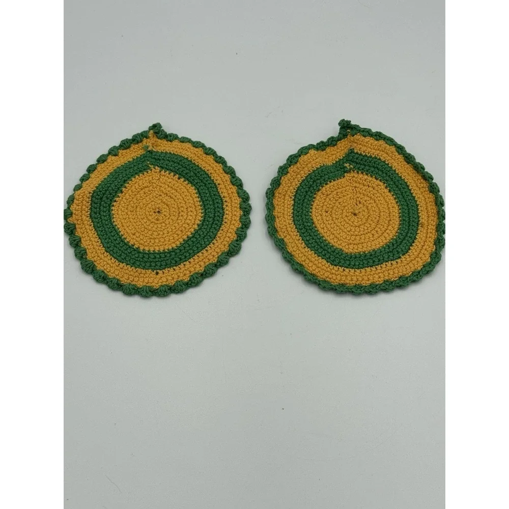 Vintage Round Green & Yellow Pot Holders Trivets
